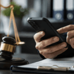 Law office desk with a gavel, scales of justice, and a person using a smartphone over documents lighted by warm tone.