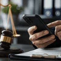 Law office desk with a gavel, scales of justice, and a person using a smartphone over documents lighted by warm tone. Law office desk with a gavel, scales of justice, and a person using a smartphone over documents lighted by warm tone.