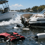 Two boats collide on the water, sending debris and a red life vest floating among splashing waves.