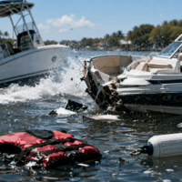 Two boats collide on the water, sending debris and a red life vest floating among splashing waves.