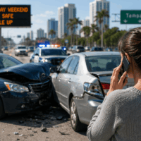 Woman on a cellphone near a multi-car crash on a sunny highway; damaged blue and gray sedans, debris on the road, police with flashing lights in the background, and a digital sign urging 'Memorial Day Weekend Drive Safe Buckle Up.'